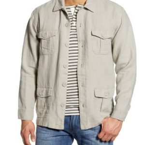 Casual Box-Pleat Pockets Front Button Closure Soft Comfortable 100% Linen Safari Jacket for Men