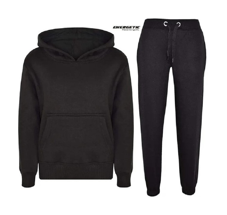 Kids Girls Boys Unisex Plain Black Hooded Tracksuit Set Sweat Hoodie & Bottom Jog Suit Set