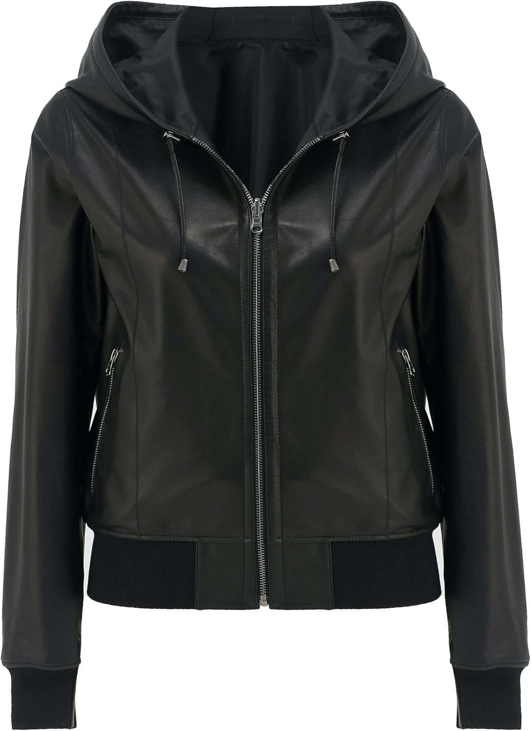 Women's Best-Selling Trending Reversible Black Bomber Leather Jacket with Hood