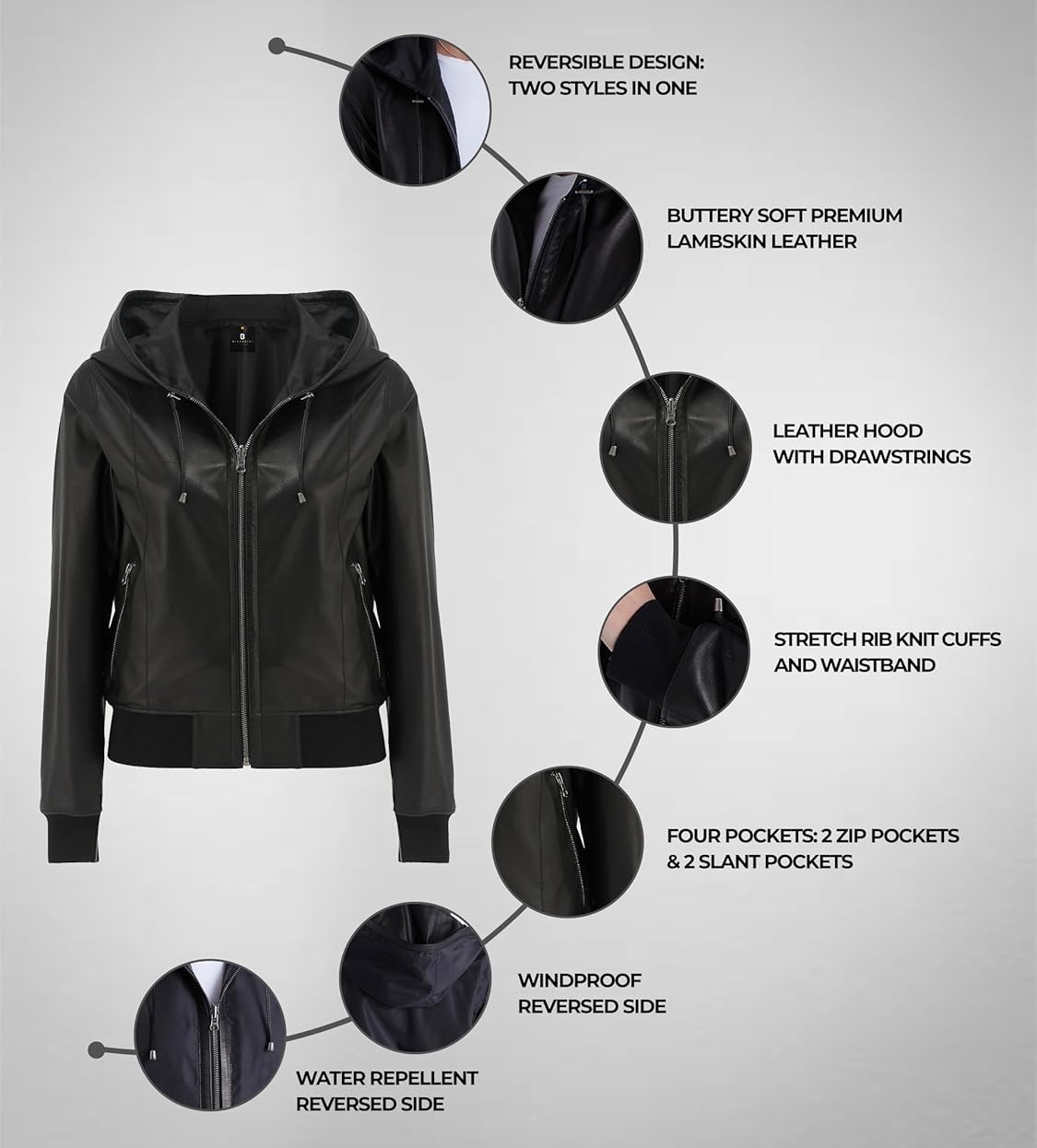 Women's Best-Selling Trending Reversible Black Bomber Leather Jacket with Hood