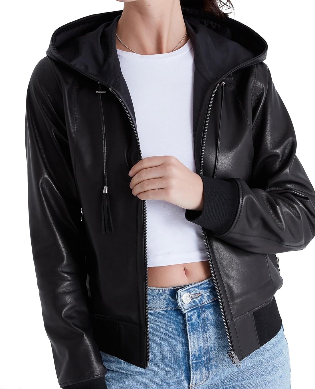 Women's Best-Selling Trending Reversible Black Bomber Leather Jacket with Hood