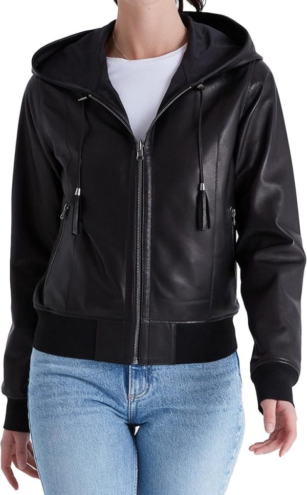 Women's Best-Selling Trending Reversible Black Bomber Leather Jacket with Hood