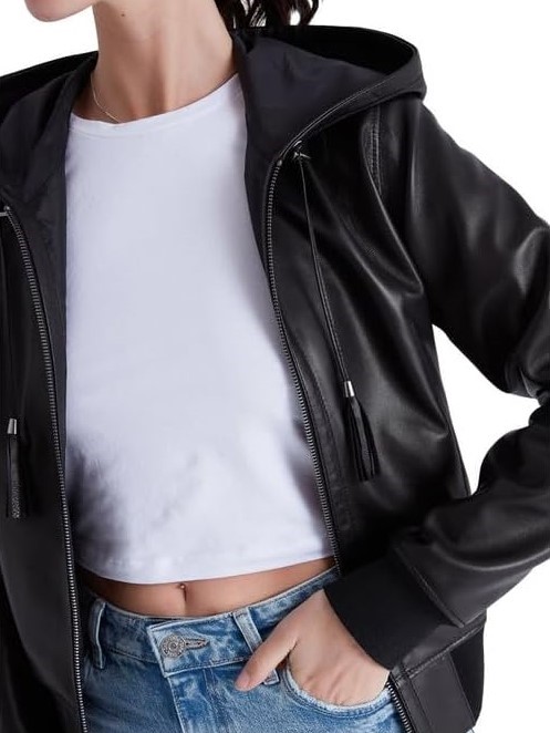 Women's Best-Selling Trending Reversible Black Bomber Leather Jacket with Hood