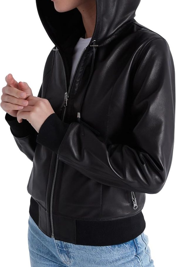 Women's Best-Selling Trending Reversible Black Bomber Leather Jacket with Hood