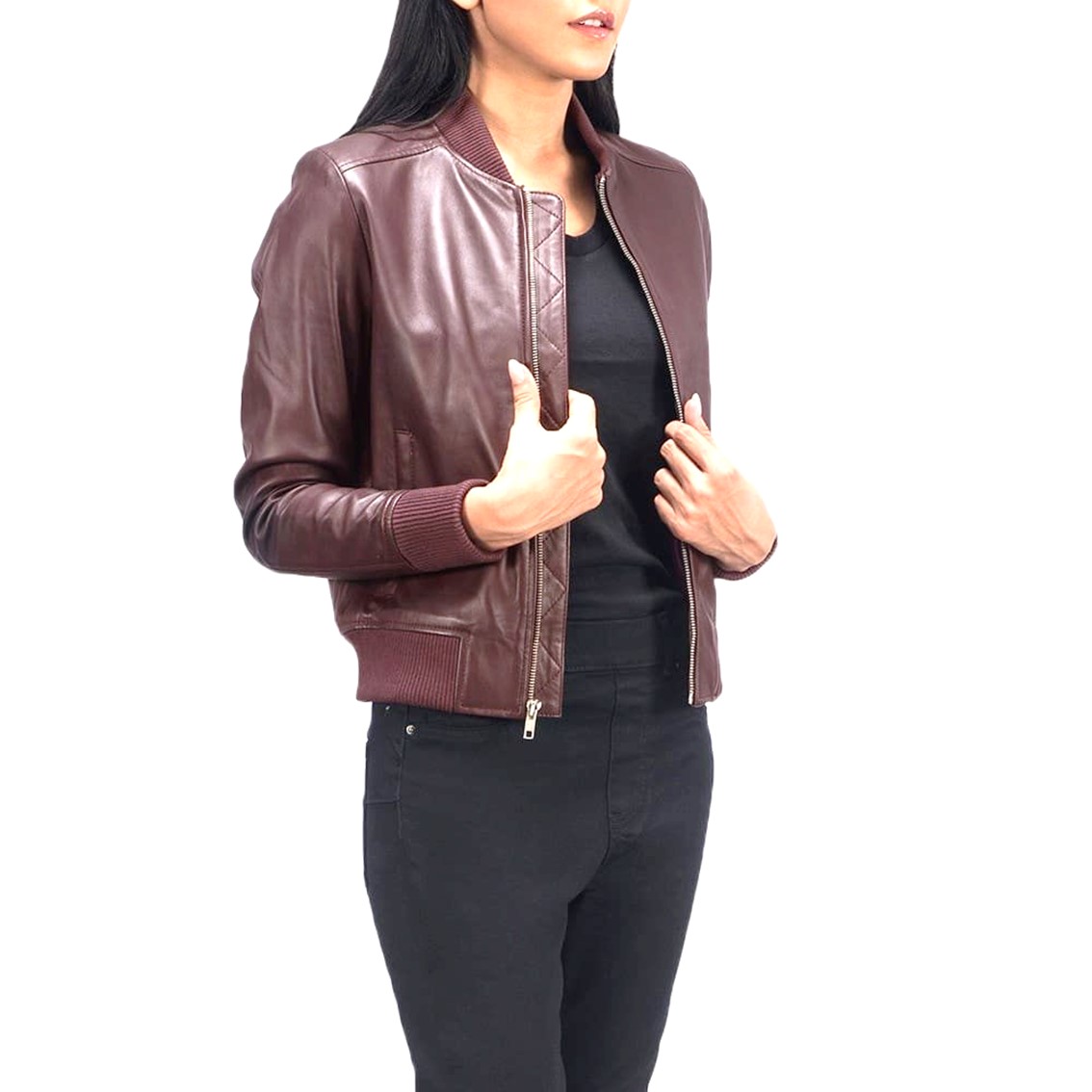 Women's Stylish Real Leather Motocross Racer Jacket Black Maroon Bomber Genuine Leather Jacket