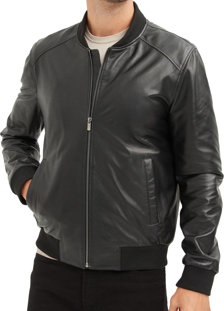 Men's Genuine Lambskin Leather Bomber Jacket – Black Classic with Rib-Knit Design