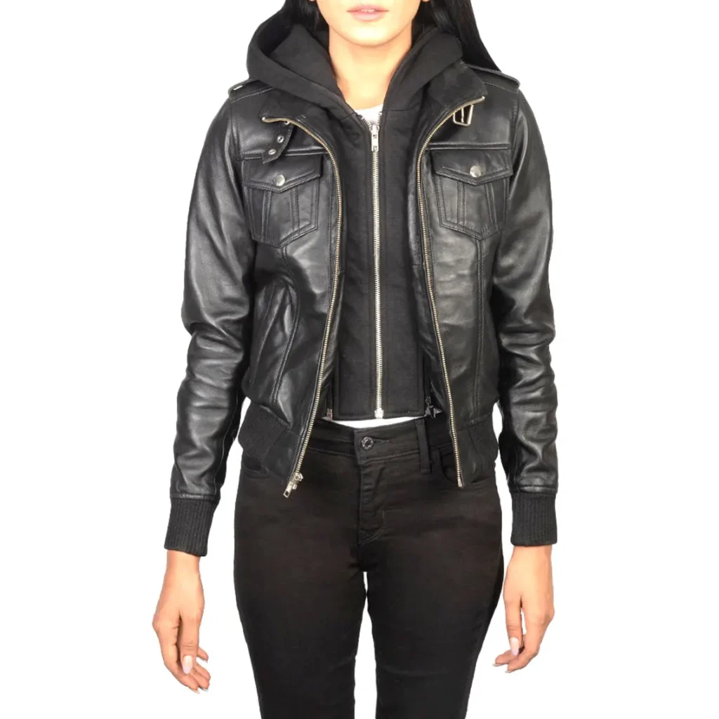 Women’s Leather Bomber Jacket with Removable Hood, Shoulder Epaulettes & Zip Closure