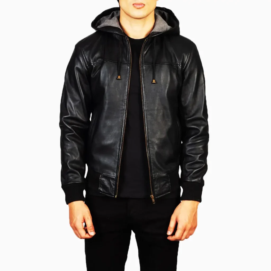 Men’s Black Hooded Leather Bomber Jacket – Real Sheepskin, Fleece Lined, Zipper