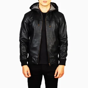 Men’s Black Hooded Leather Bomber Jacket – Real Sheepskin, Fleece Lined, Zipper