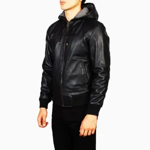 Men’s Black Hooded Leather Bomber Jacket – Real Sheepskin, Fleece Lined, Zipper