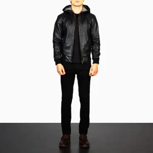 Men’s Black Hooded Leather Bomber Jacket – Real Sheepskin, Fleece Lined, Zipper