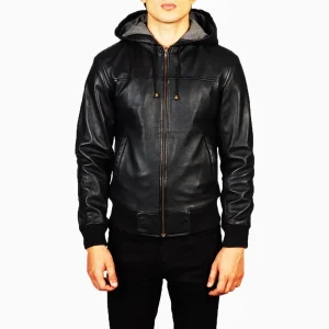 Men’s Black Hooded Leather Bomber Jacket – Real Sheepskin, Fleece Lined, Zipper