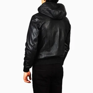 Men’s Black Hooded Leather Bomber Jacket – Real Sheepskin, Fleece Lined, Zipper