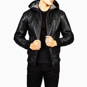 Men’s Black Hooded Leather Bomber Jacket – Real Sheepskin, Fleece Lined, Zipper