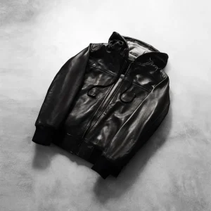 Men’s Black Hooded Leather Bomber Jacket – Real Sheepskin, Fleece Lined, Zipper