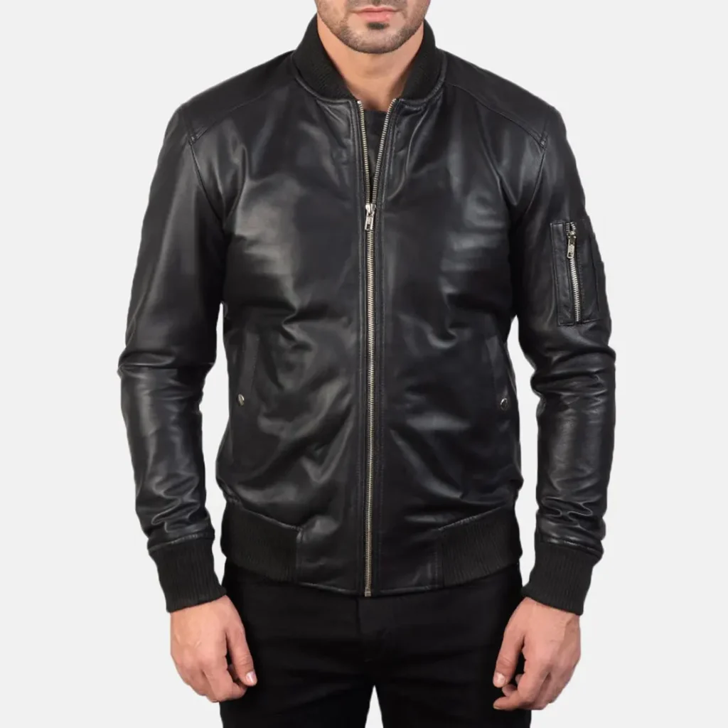 Men’s Black Leather Bomber Jacket in Real Leather, Quilted Lining, Rib Knit Trim