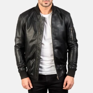 Men’s Black Leather Bomber Jacket in Real Leather, Quilted Lining, Rib Knit Trim