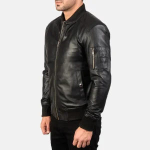 Men’s Black Leather Bomber Jacket in Real Leather, Quilted Lining, Rib Knit Trim