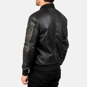 Men’s Black Leather Bomber Jacket in Real Leather, Quilted Lining, Rib Knit Trim