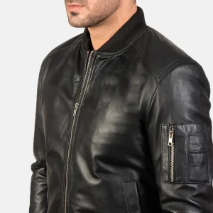 Men’s Black Leather Bomber Jacket in Real Leather, Quilted Lining, Rib Knit Trim