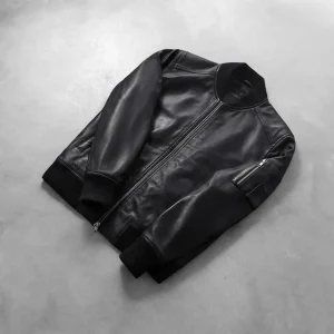 Men’s Black Leather Bomber Jacket in Real Leather, Quilted Lining, Rib Knit Trim