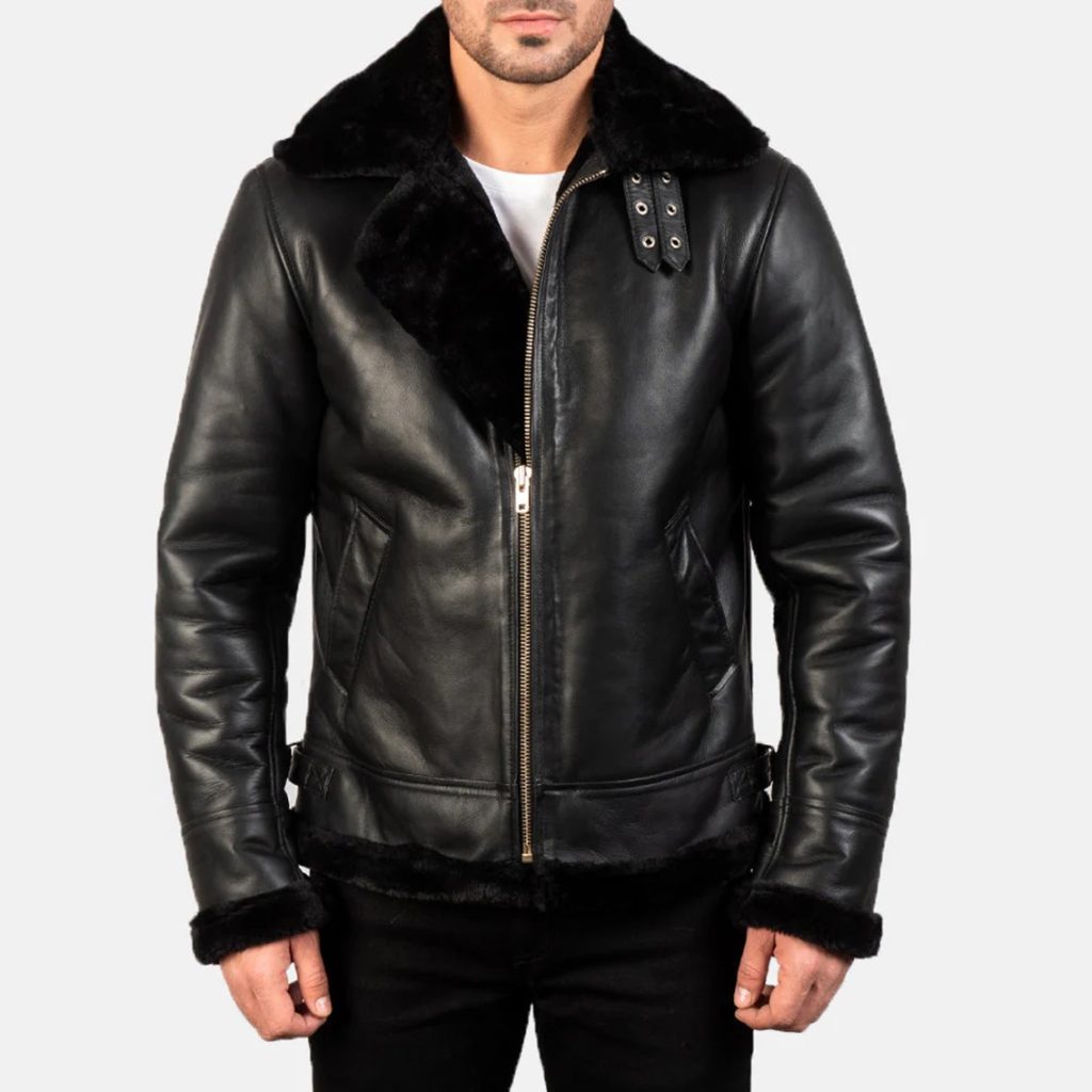 Men’s Black Sheepskin Leather Bomber Jacket – Fur Lined, Buckled Collar, Warm
