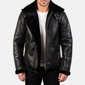 Men’s Black Sheepskin Leather Bomber Jacket – Fur Lined, Buckled Collar, Warm