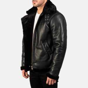 Men’s Black Sheepskin Leather Bomber Jacket – Fur Lined, Buckled Collar, Warm