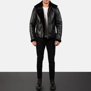 Men’s Black Sheepskin Leather Bomber Jacket – Fur Lined, Buckled Collar, Warm