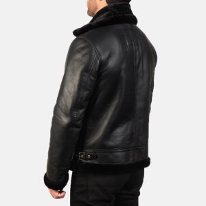Men’s Black Sheepskin Leather Bomber Jacket – Fur Lined, Buckled Collar, Warm