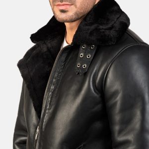 Men’s Black Sheepskin Leather Bomber Jacket – Fur Lined, Buckled Collar, Warm