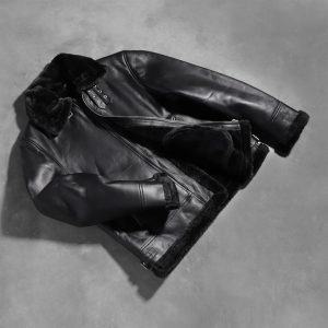 Men’s Black Sheepskin Leather Bomber Jacket – Fur Lined, Buckled Collar, Warm