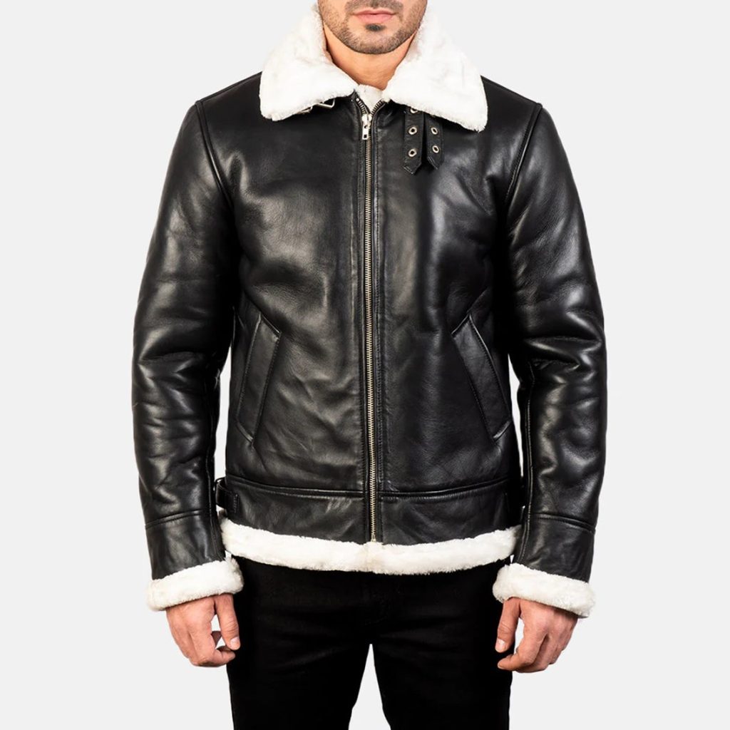 Men’s Black & White Sheepskin Leather Bomber Jacket – Fur Lined, Buckled Collar