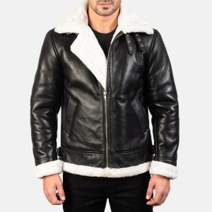 Men’s Black & White Sheepskin Leather Bomber Jacket – Fur Lined, Buckled Collar