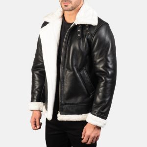 Men’s Black & White Sheepskin Leather Bomber Jacket – Fur Lined, Buckled Collar