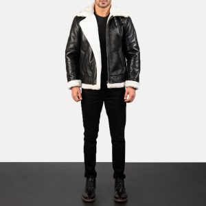 Men’s Black & White Sheepskin Leather Bomber Jacket – Fur Lined, Buckled Collar