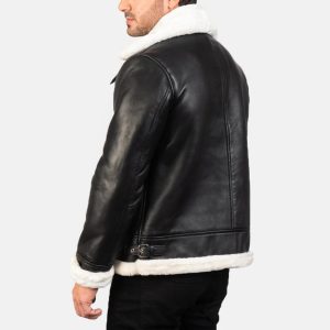 Men’s Black & White Sheepskin Leather Bomber Jacket – Fur Lined, Buckled Collar