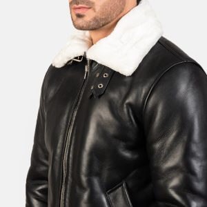 Men’s Black & White Sheepskin Leather Bomber Jacket – Fur Lined, Buckled Collar