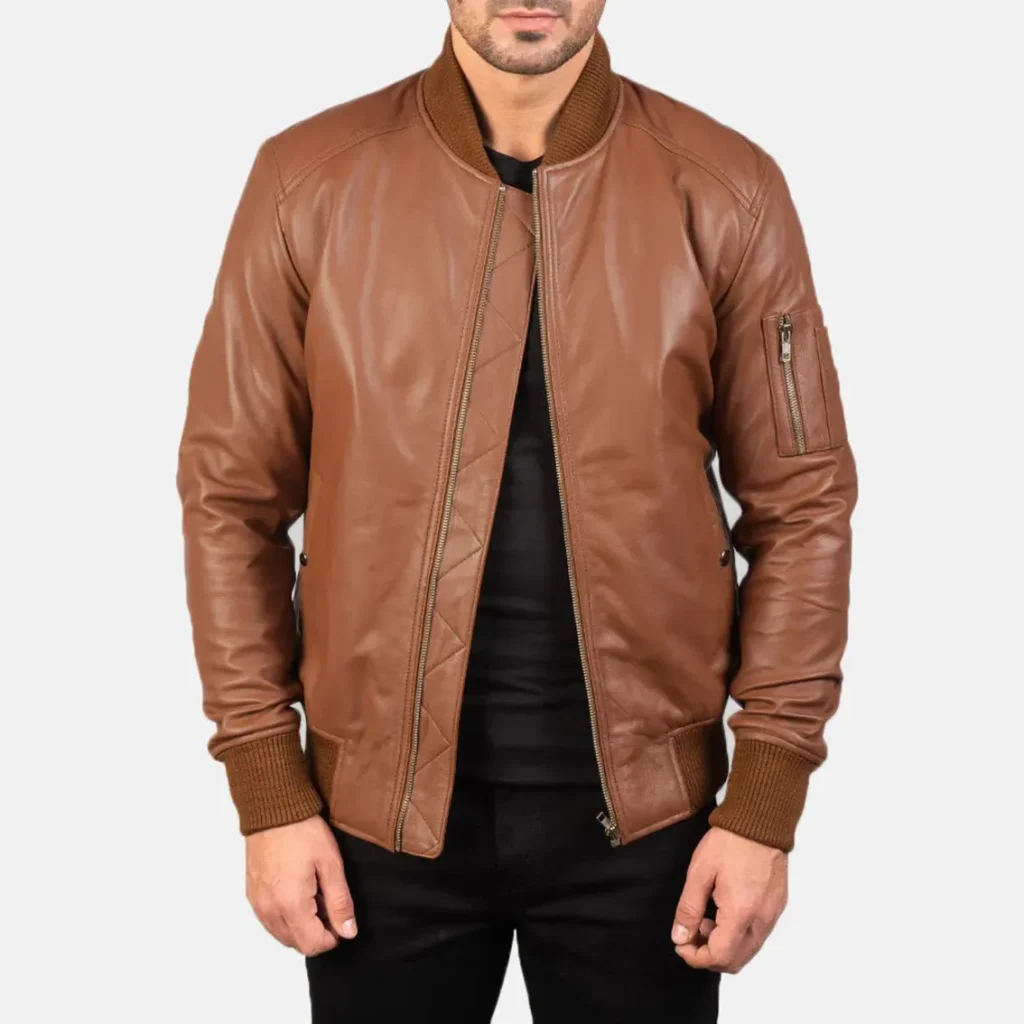 Men’s Brown Leather Bomber Jacket in Real Leather, Quilted Lining, Rib Knit Trim