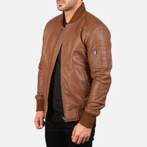 Men’s Brown Leather Bomber Jacket in Real Leather, Quilted Lining, Rib Knit Trim