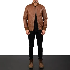 Men’s Brown Leather Bomber Jacket in Real Leather, Quilted Lining, Rib Knit Trim