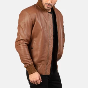 Men’s Brown Leather Bomber Jacket in Real Leather, Quilted Lining, Rib Knit Trim
