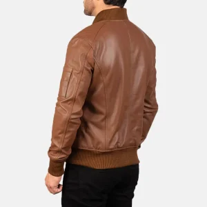 Men’s Brown Leather Bomber Jacket in Real Leather, Quilted Lining, Rib Knit Trim