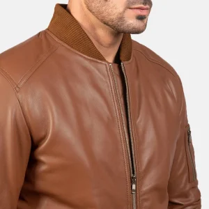 Men’s Brown Leather Bomber Jacket in Real Leather, Quilted Lining, Rib Knit Trim