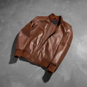 Men’s Brown Leather Bomber Jacket in Real Leather, Quilted Lining, Rib Knit Trim