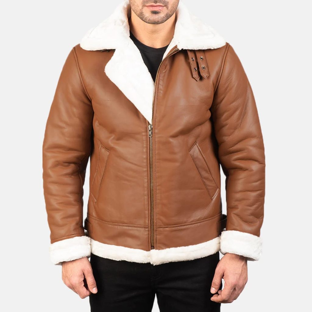 Men’s Brown & White Sheepskin Leather Bomber Jacket – Fur Lined, Buckled Collar