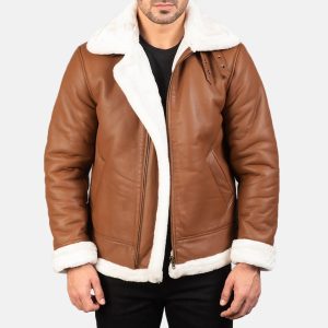 Men’s Brown & White Sheepskin Leather Bomber Jacket – Fur Lined, Buckled Collar