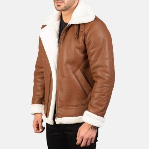 Men’s Brown & White Sheepskin Leather Bomber Jacket – Fur Lined, Buckled Collar
