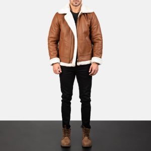 Men’s Brown & White Sheepskin Leather Bomber Jacket – Fur Lined, Buckled Collar