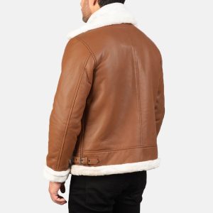Men’s Brown & White Sheepskin Leather Bomber Jacket – Fur Lined, Buckled Collar